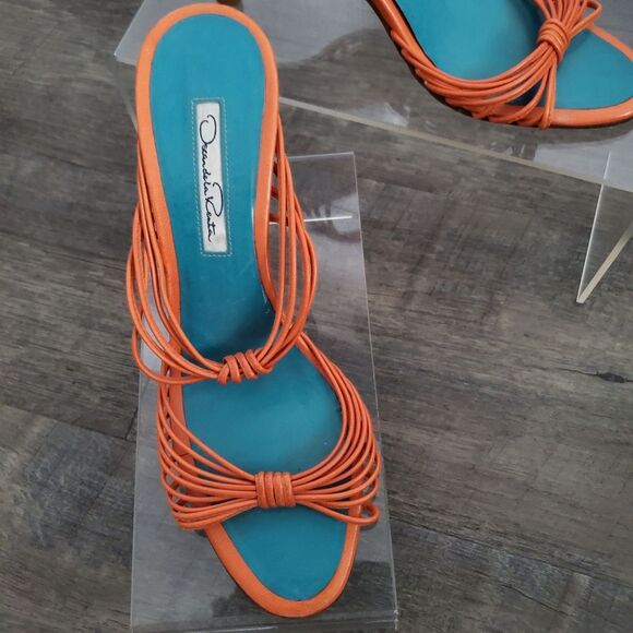 Oscar de la Renta Women's Heels US 6 EU 36 Orange Blue Leather Strappy Sandals - Picture 3 of 12